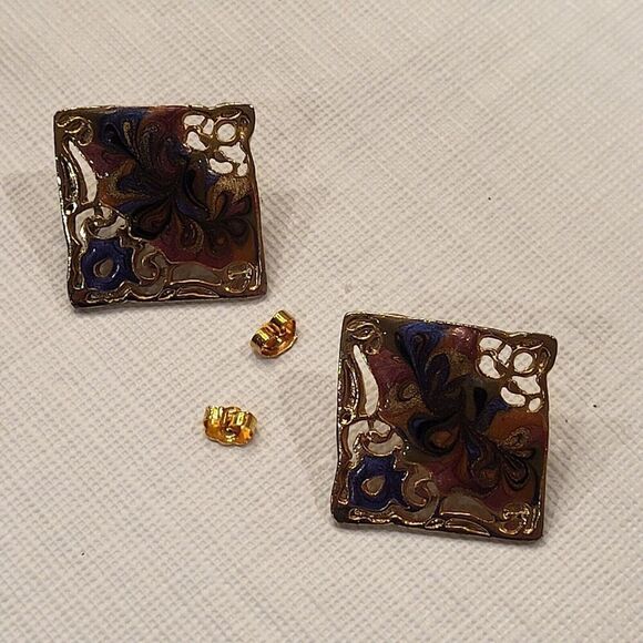 Pierced Earrings Enamel Surface Push Pin 1" square Vintage Style Stamped USA - Picture 6 of 12